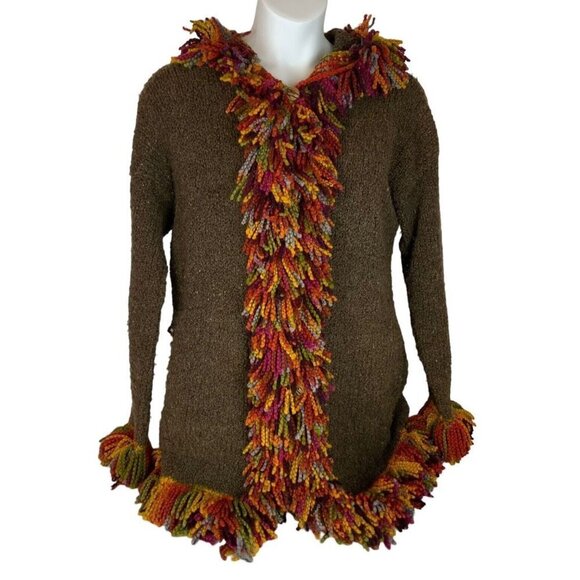 Pachamama Handmade Hoodie Cardigan Sweater Size Large Brown Fringed Chunky Wool - Picture 1 of 9